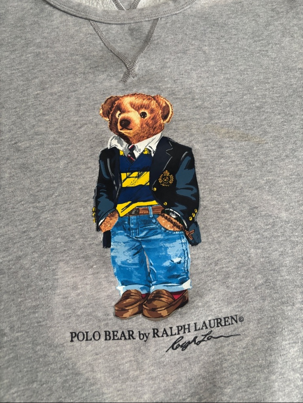 Polo Ralph Lauren Gray Polo Bear Fleece Crewneck Sweatshirt Blazer Jeans Size XL - Picture 9 of 16